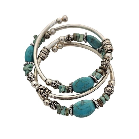 Turquoise & Silver Tone Beaded Coil Wrap Bracelet - 2 Inches Diameter - Picture 5 of 5